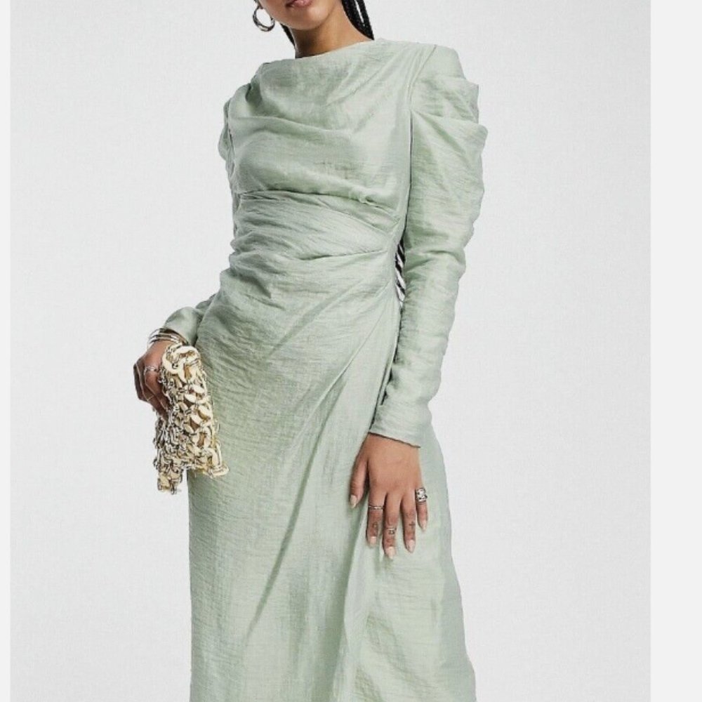 ASOS DESIGN drape sleeve maxi dress with wrap skirt in sage